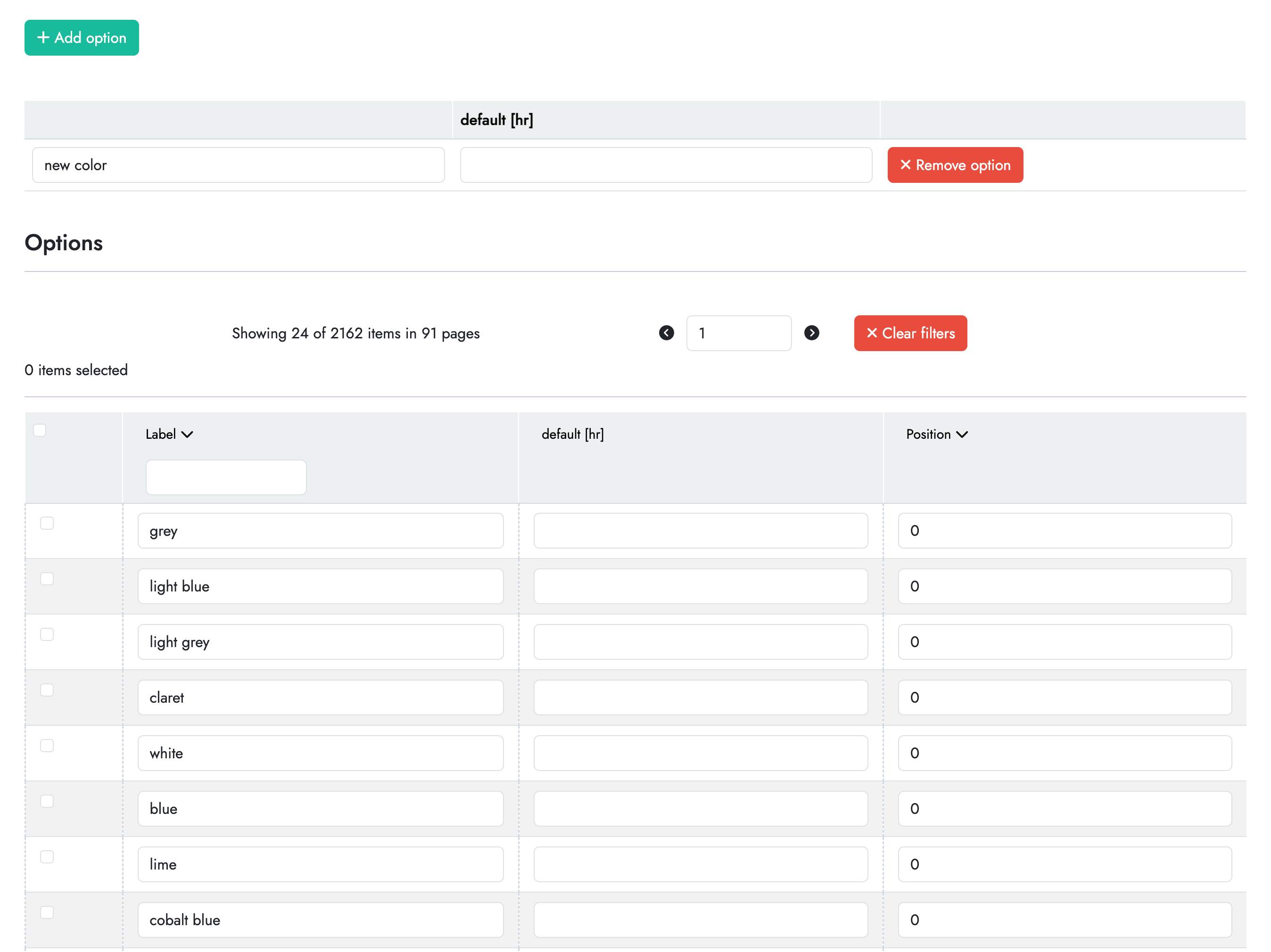 Edit attribute options